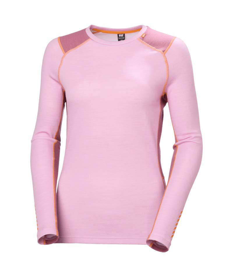 WLifaMerinoMidweightCrew-Pink long-sleeve athletic shirt with orange accents on a white background