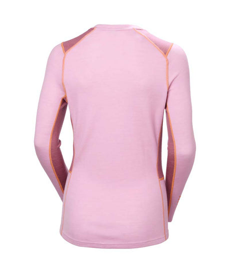 WLifaMerinoMidweightCrew-Pink long-sleeve athletic shirt with orange accents on a white background