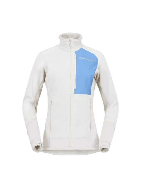Lofoten Warm2 Jacket -White and blue fleece jacket with a brand logo on a white background