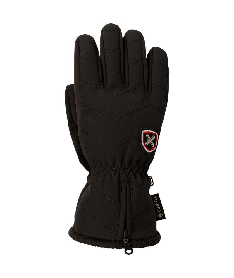 WLotteGlove-A single black insulated winter glove with a small red and white shield logo on the back of the hand, shown against a plain white background.