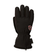 WLotteGlove-A single black insulated winter glove with a small red and white shield logo on the back of the hand, shown against a plain white background.