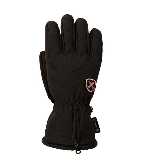 WLotteGlove-A single black insulated winter glove with a small red and white shield logo on the back of the hand, shown against a plain white background.