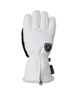 WLotteGlove-A single white winter glove with black trim, a zippered wrist, and a small shield logo patch, shown against a plain white background.