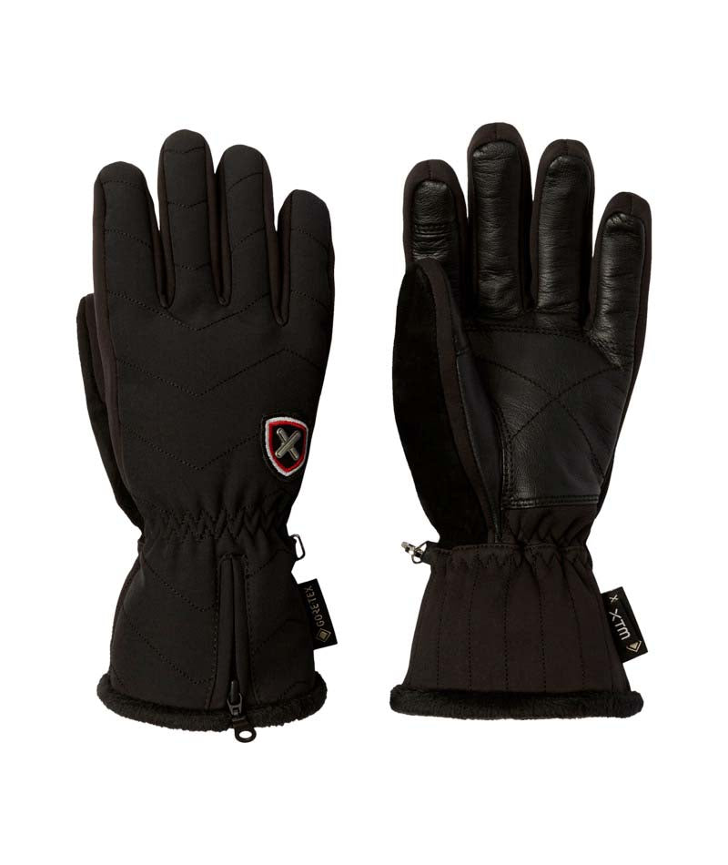 WLotteGlove-A pair of black winter gloves shown against a plain white background, with one glove displaying the back of the hand and the other showing the palm side. The gloves feature a black quilted fabric body, smooth black leather-like panels on the back of the hand, a small shield logo patch on the back of the left glove, and a zippered wrist closure with a soft fleece lining.