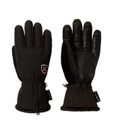 WLotteGlove-A pair of black winter gloves shown against a plain white background, with one glove displaying the back of the hand and the other showing the palm side. The gloves feature a black quilted fabric body, smooth black leather-like panels on the back of the hand, a small shield logo patch on the back of the left glove, and a zippered wrist closure with a soft fleece lining.