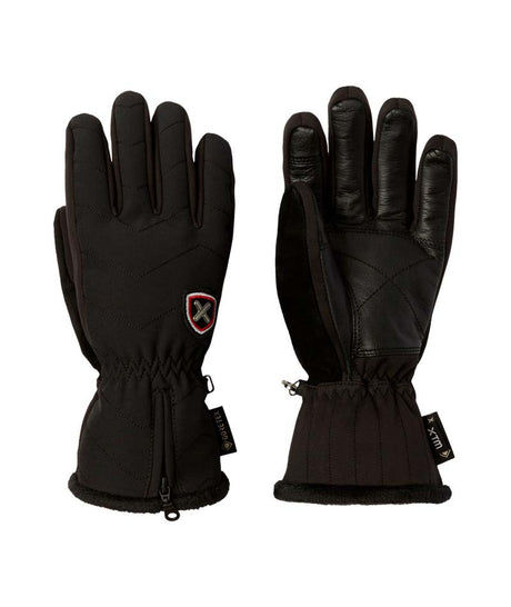 WLotteGlove-A pair of black winter gloves shown against a plain white background, with one glove displaying the back of the hand and the other showing the palm side. The gloves feature a black quilted fabric body, smooth black leather-like panels on the back of the hand, a small shield logo patch on the back of the left glove, and a zippered wrist closure with a soft fleece lining.