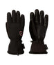 WLotteGlove-A pair of black winter gloves shown against a plain white background, with one glove displaying the back of the hand and the other showing the palm side. The gloves feature a black quilted fabric body, smooth black leather-like panels on the back of the hand, a small shield logo patch on the back of the left glove, and a zippered wrist closure with a soft fleece lining.