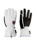 WLotteGlove-A pair of white and black winter gloves shown against a plain white background, displaying both the back of the left glove and the palm of the right glove.