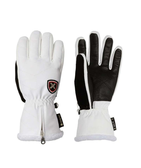 WLotteGlove-A pair of white and black winter gloves shown against a plain white background, displaying both the back of the left glove and the palm of the right glove.