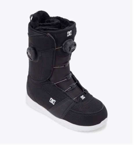 WLotus- Black and white snowboard boot on a white background