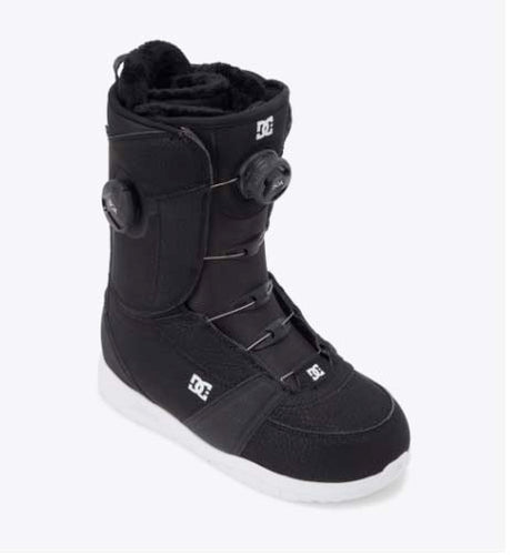 WLotus- Black and white snowboard boot on a white background