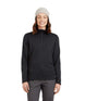 WMerinoAeroGridFleece-A woman wearing a dark charcoal ribbed quarter-zip pullover sweater, gray pants, and a light gray beanie, standing against a solid white background.
