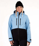 WMesmerizeJacket-Person wearing a light blue and black jacket with a white background
