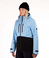 WMesmerizeJacket-Person wearing a light blue and black jacket with a white background