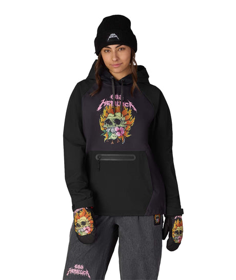 WMetallicaWaterproofHoody-Person wearing a black hoodie with colorful graphics and text on a white background