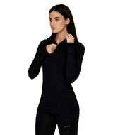 WMidweight1_4Zip-Woman wearing a black long-sleeve athletic top on a white background