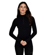 WMidweight1_4Zip-Woman wearing a black long-sleeve athletic top on a white background