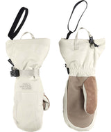 WMontanaMitt-Pair of white and brown mittens with a strap on a white background