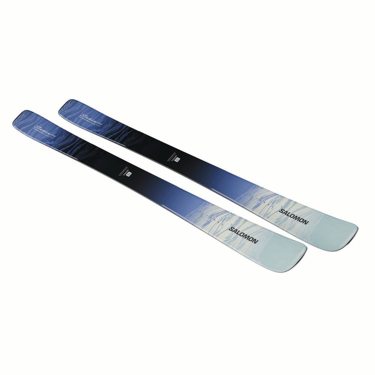 WNSTANCEPRO82-Two skis with a gradient blue to green color scheme on a white background, featuring the Salomon brand.