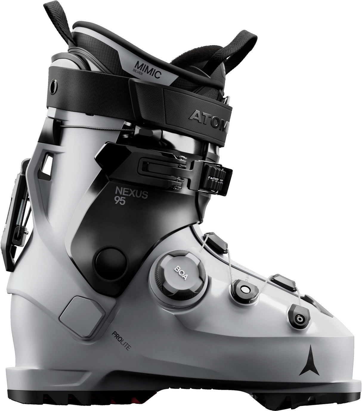 WNexus95BOA- Grey and black Atomic ski boot on a white background