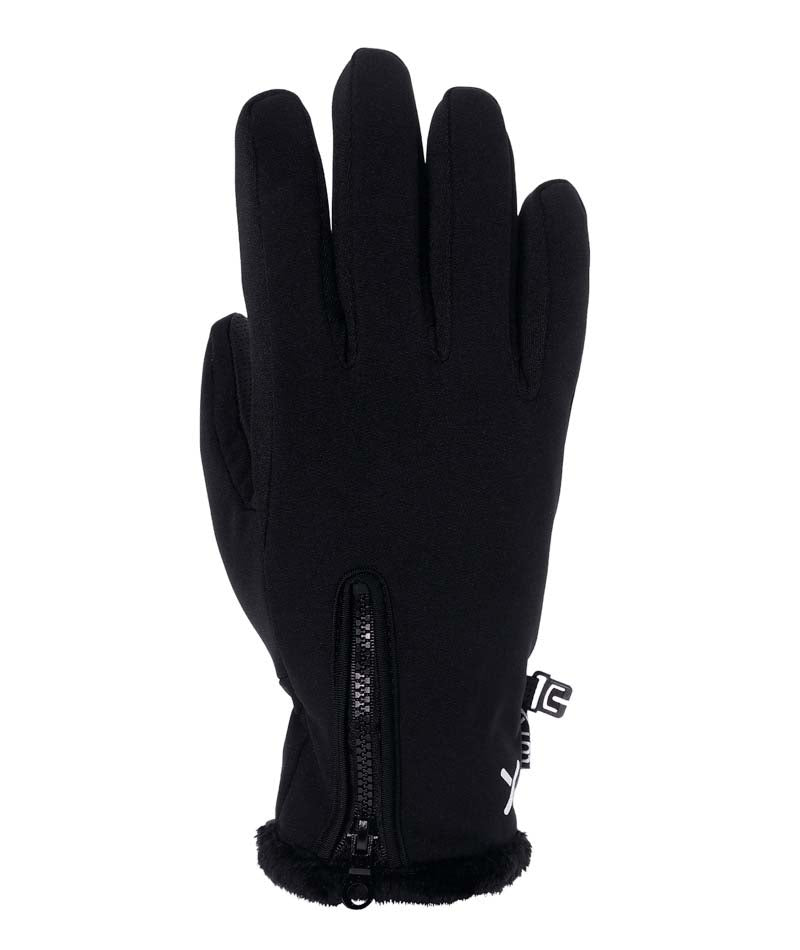 WNinaSoftshellGlove-A single black winter glove with a thumbless cutout, a vertical zipper at the wrist, and a small white logo tab near the cuff, shown against a plain white background.