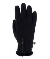 WNinaSoftshellGlove-A single black winter glove with a thumbless cutout, a vertical zipper at the wrist, and a small white logo tab near the cuff, shown against a plain white background.