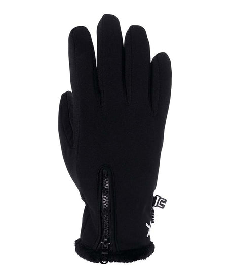 WNinaSoftshellGlove-A single black winter glove with a thumbless cutout, a vertical zipper at the wrist, and a small white logo tab near the cuff, shown against a plain white background.