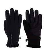 WNinaSoftshellGlove-A pair of black winter gloves shown against a plain white background, with one glove displaying the back of the hand and the other showing the palm side with a textured grip panel and a zipper.