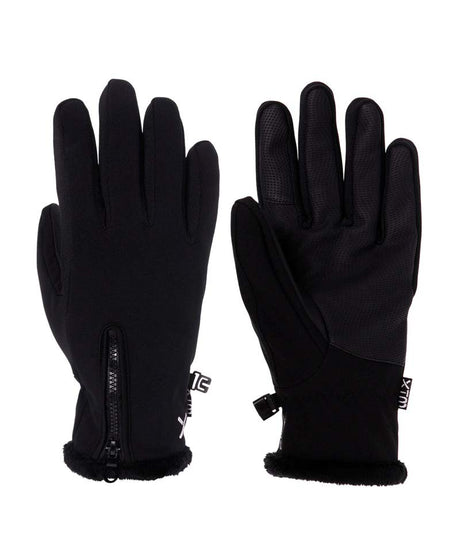 WNinaSoftshellGlove-A pair of black winter gloves shown against a plain white background, with one glove displaying the back of the hand and the other showing the palm side with a textured grip panel and a zipper.