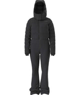 WOffTheClockOne-Piece-Black snowsuit with a hood on a white background