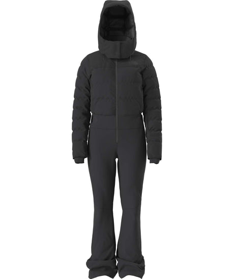 WOffTheClockOne-Piece-Black snowsuit with a hood on a white background
