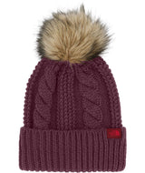 WOhMegaFurPomBeanie- Burgundy Knitted beanie with a fur pom-pom on a white background