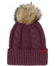 WOhMegaFurPomBeanie- Burgundy Knitted beanie with a fur pom-pom on a white background