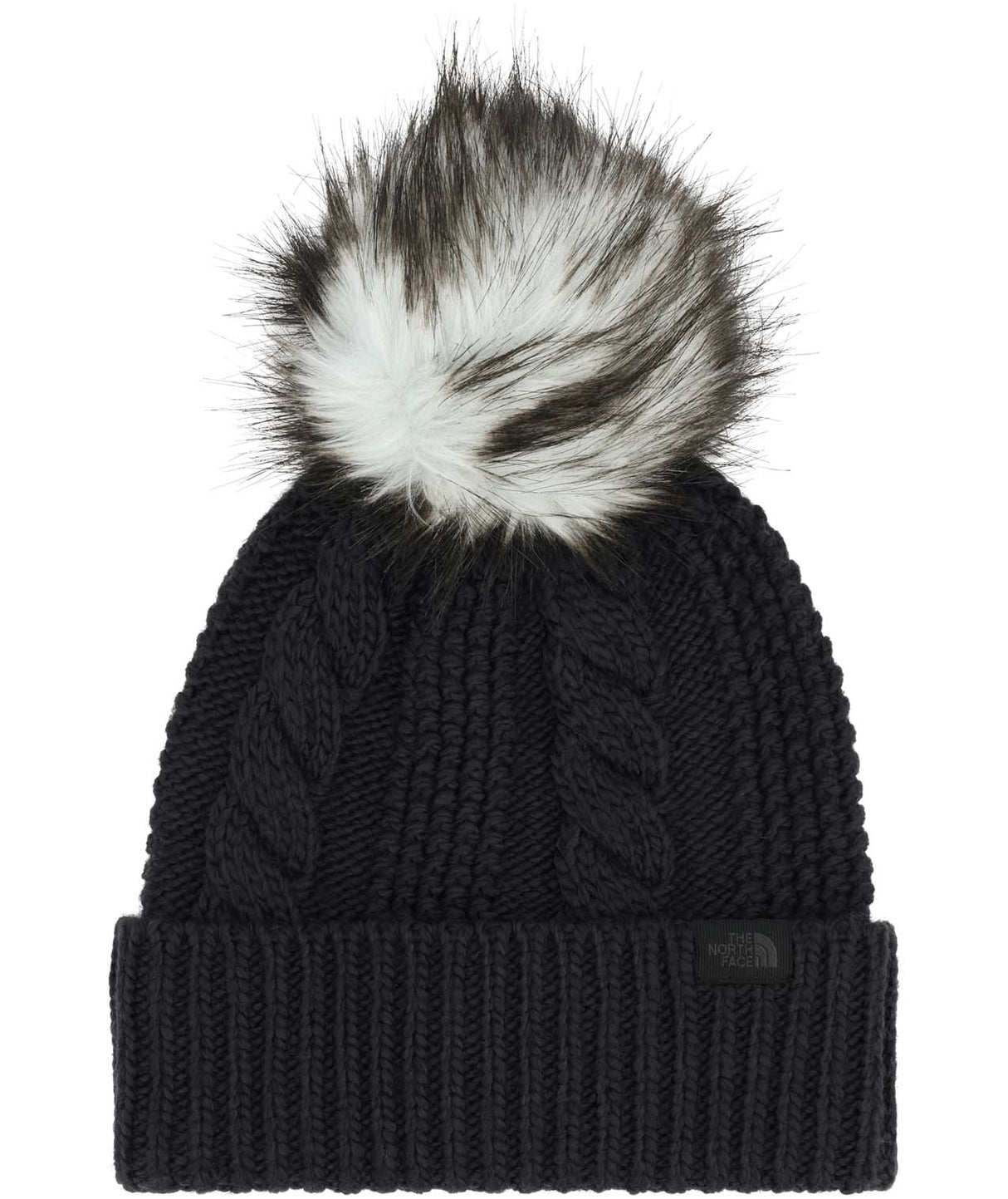 WOhMegaFurPomBeanie-Black knit beanie with a fur pom-pom on a white background