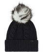 WOhMegaFurPomBeanie-Black knit beanie with a fur pom-pom on a white background