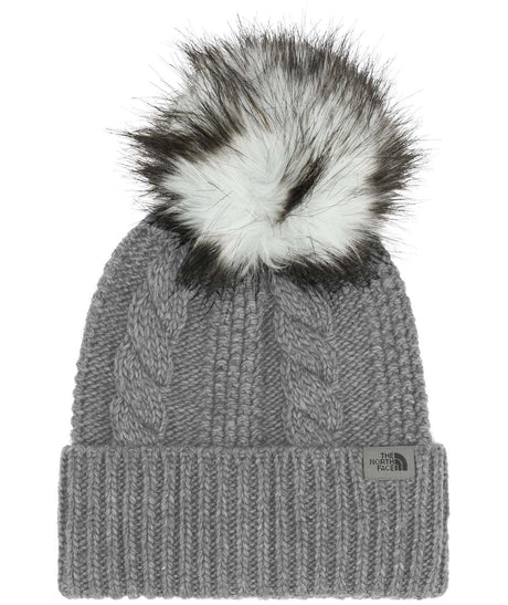 WOhMegaFurPomBeanie-Gray knit beanie with a faux fur pom-pom on a white background