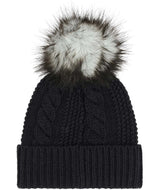 WOhMegaFurPomBeanie-Black knit beanie with a fur pom-pom on a white background
