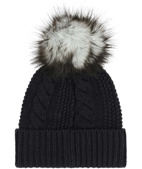 WOhMegaFurPomBeanie-Black knit beanie with a fur pom-pom on a white background