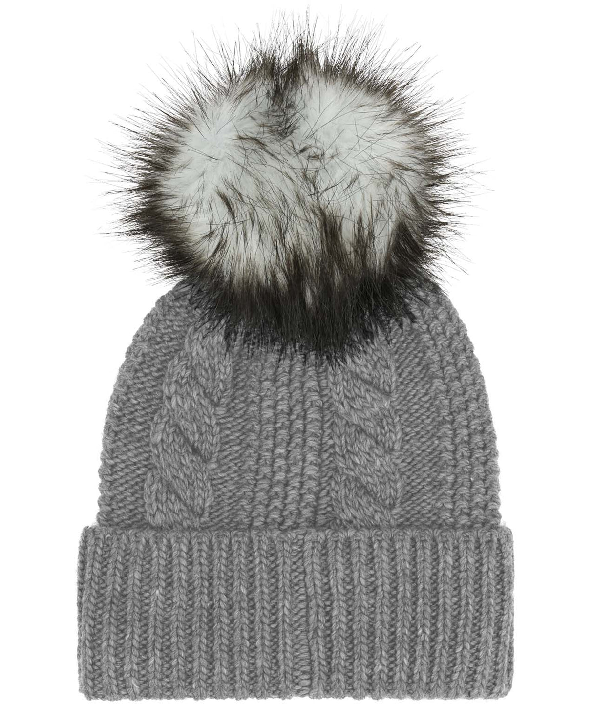 WOhMegaFurPomBeanie-Gray knit beanie with a large faux fur pom-pom on a white background