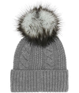 WOhMegaFurPomBeanie-Gray knit beanie with a large faux fur pom-pom on a white background