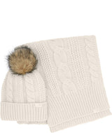 WOhMegaSet-Knitted hat with a fur pom-pom and matching scarf on a white background