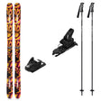 WOmen85_Strive12-A ski gear set on a white background, including a pair of skis with a red, orange, and yellow flame pattern, black ski bindings, and two black ski poles.