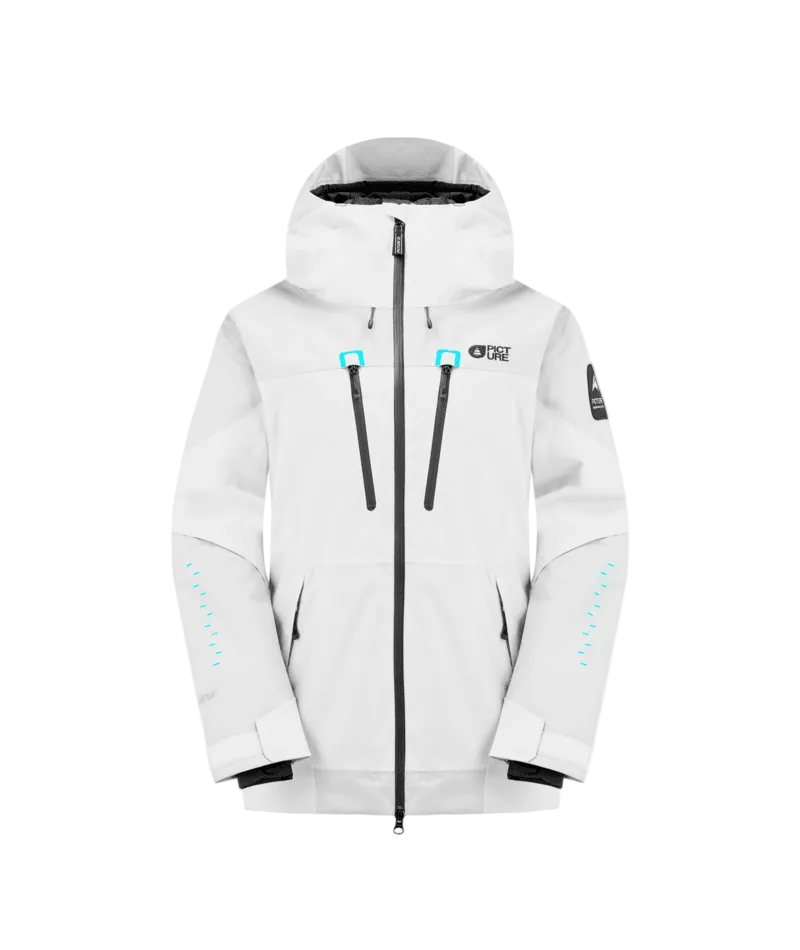 WOrakoonJacket-A white ski jacket with black zippers, black trim, and small blue accents on the chest and sleeves, shown against a plain white background.