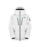 WOrakoonJacket-A white ski jacket with black zippers, black trim, and small blue accents on the chest and sleeves, shown against a plain white background.