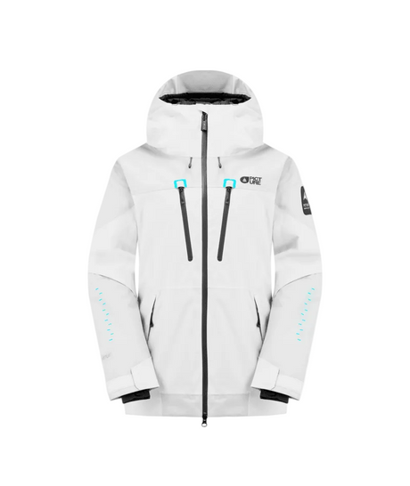 WOrakoonJacket-A white ski jacket with black zippers, black trim, and small blue accents on the chest and sleeves, shown against a plain white background.