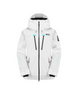 WOrakoonJacket-A white ski jacket with black zippers, black trim, and small blue accents on the chest and sleeves, shown against a plain white background.