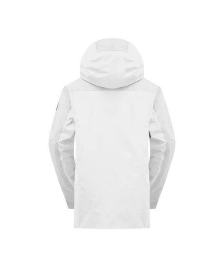 WOrakoonJacket-A white ski jacket with black zippers, black trim, and small blue accents on the chest and sleeves, shown against a plain white background.