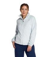 WOsitoJacket- Woman wearing a beige full zip fleece jacket with a brand logo on a white background