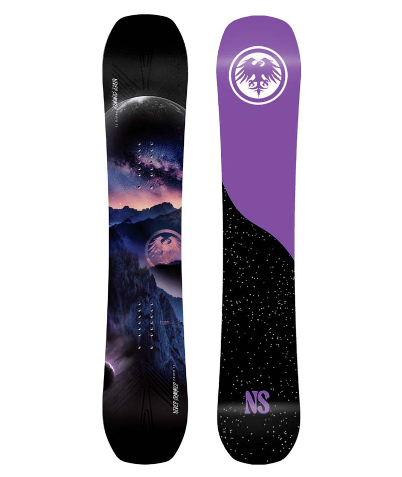 WPROTOTYPE3HYBRID- Black snowboard with mountain and moon graphic on the top sheet and purple and black base on a white background