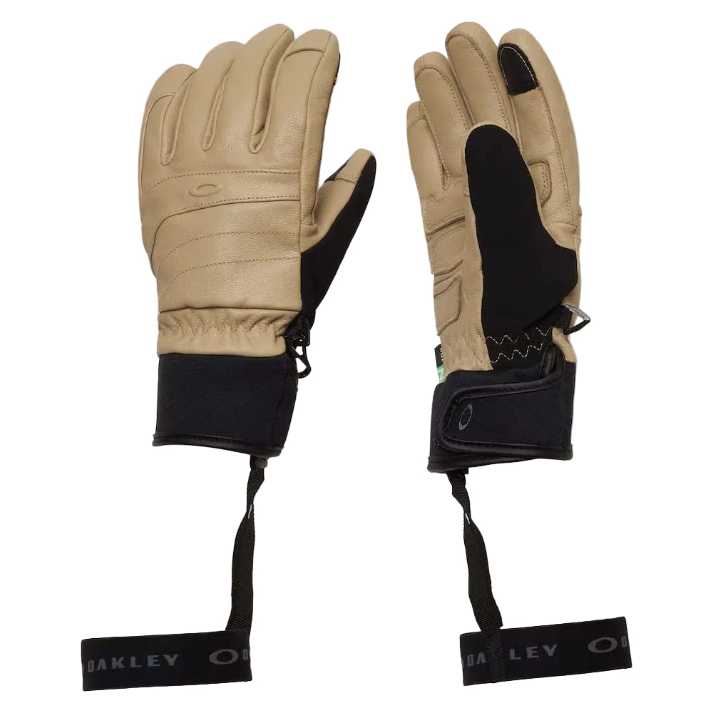 WPeakLeatherGloves-Pair of tan gloves with black accents on a white background